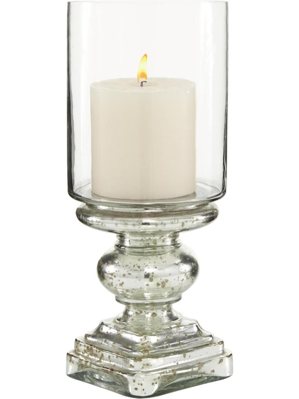 Handmade Glass Hurricane Lamp, Faux Mercury Finish, 16" Tall Pillar Light